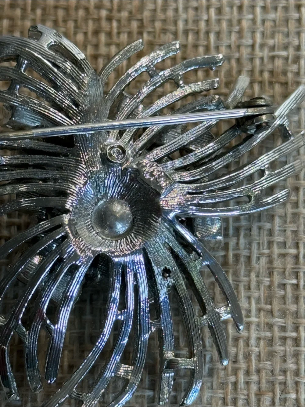 Vintage Coro Silver Tone‎ Blue Aurora Borealis Rhinestone Burst Brooch Pin MCM
